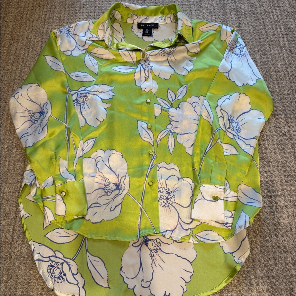 Floral Button-Up Satin Blouse in Lime Green, Blue and White